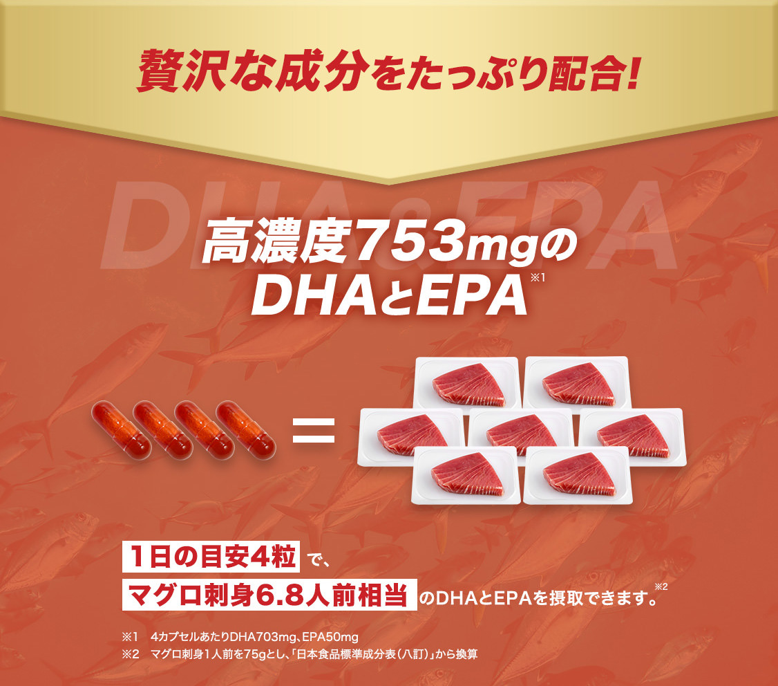 1日の目安4粒で高濃度753mgのDHAとEPAを摂取できます。