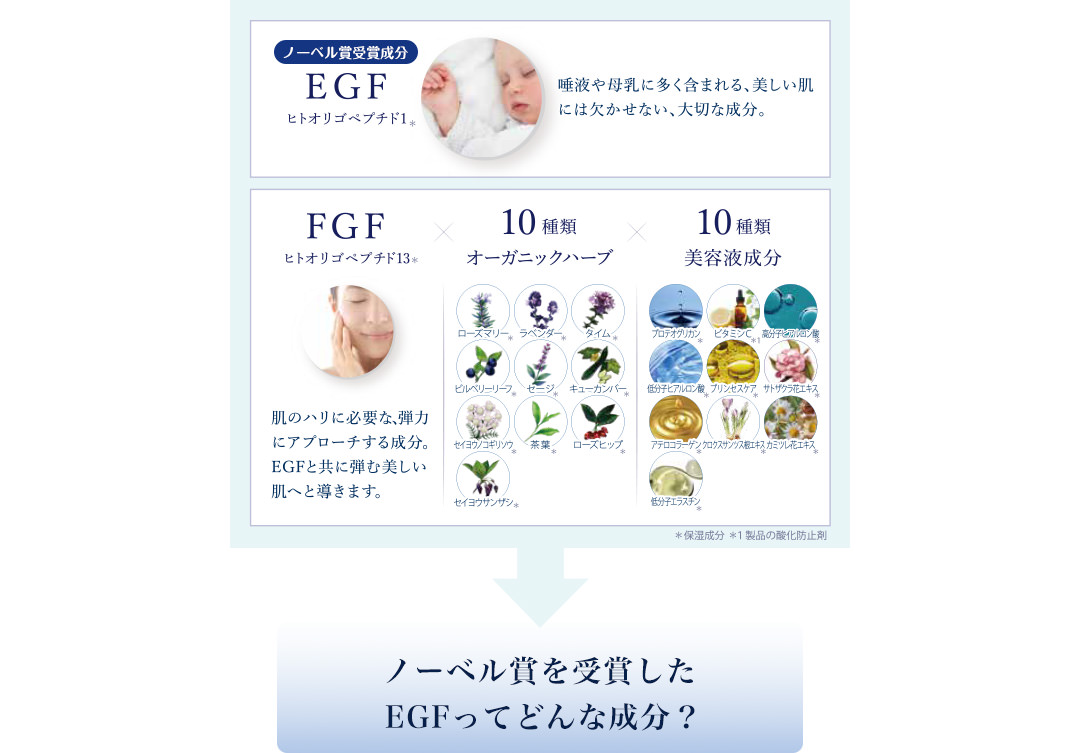 EGF（ヒトオリゴペプチド1）+10種のオーガニックハーブ+10種の美容液成分