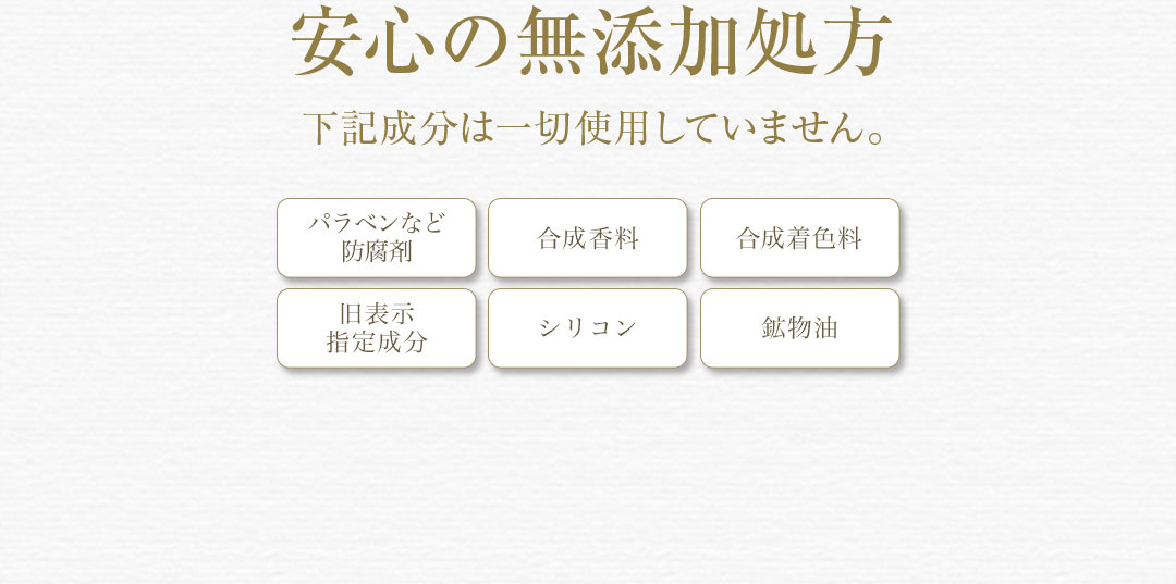 防腐剤・合税香料・合成着色料・旧表示指定成分・シリコン・鉱物油一切不使用の安心の無添加処方