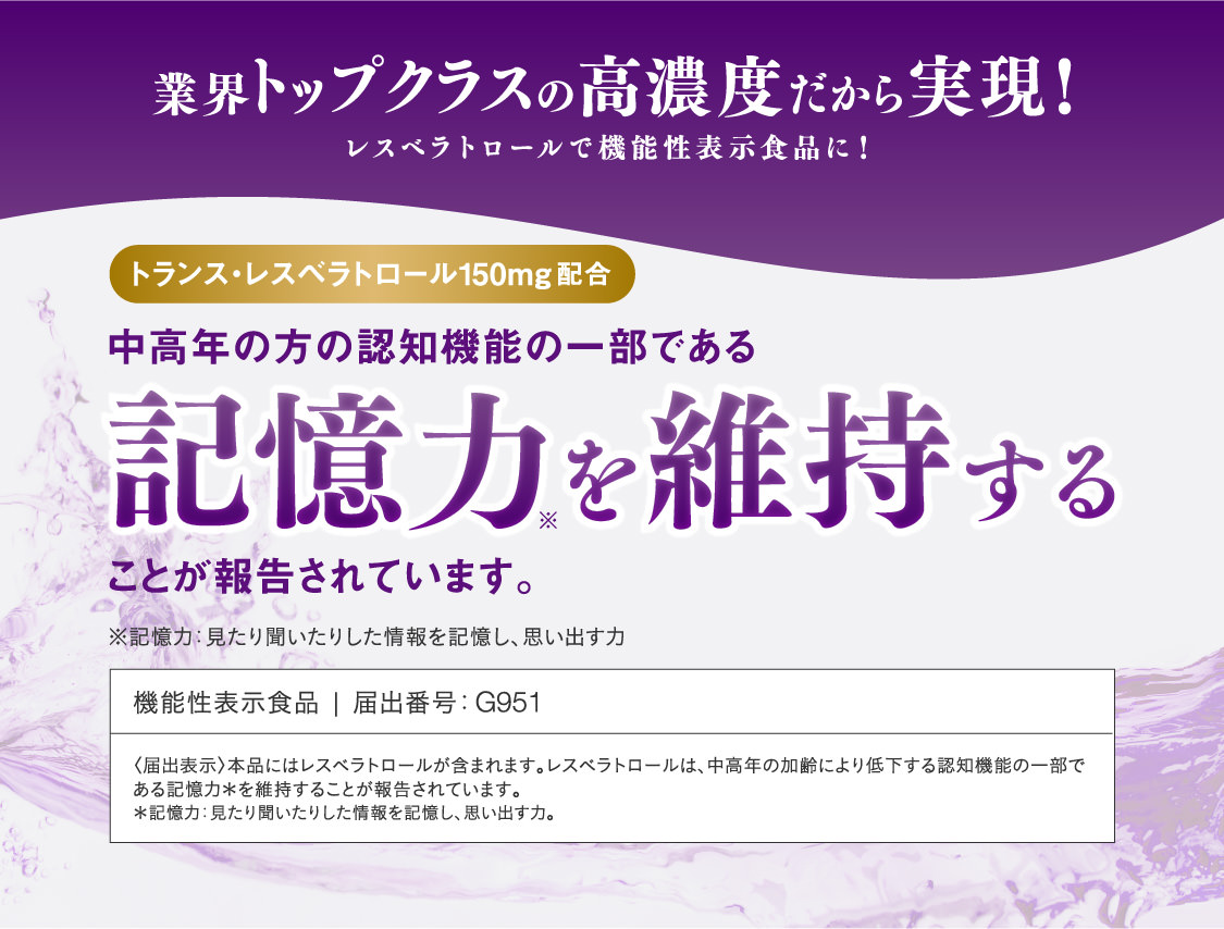 トランス・レスベラトロール150mg配合 中高年の方の認知機能の一部である記憶力を維持することが報告されています